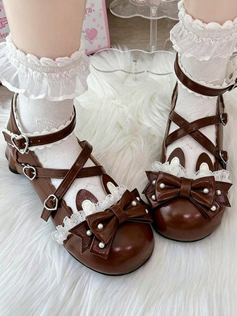 ブラウンクラシックロリータシューズ ピンクのリボン バニーラビット PUレザー スウィートチャンキーヒール ロリータシューズ