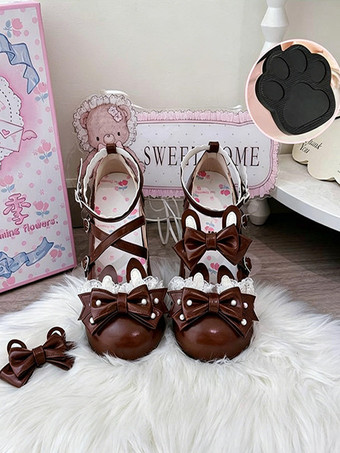 クラシックロリータシューズ ピンクのリボン バニーラビット PUレザー スウィートチャンキーヒール ロリータシューズ