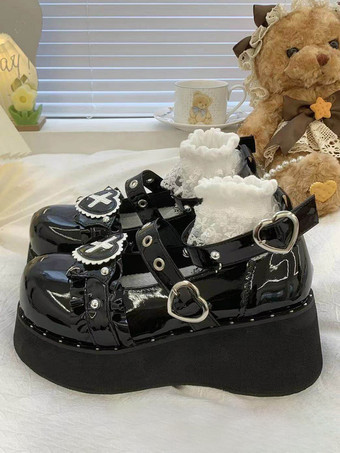 ゴシックロリータシューズ プラットフォーム ブラックチェーン PUレザー ロリータパンプス