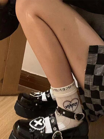 ゴシックロリータシューズ プラットフォーム ブラックチェーン PUレザー ロリータパンプス