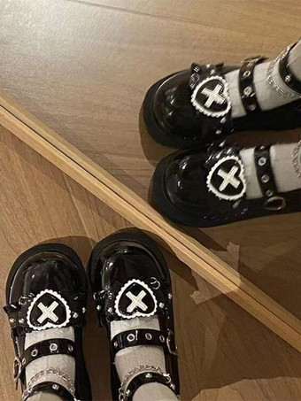 ゴシックロリータシューズ プラットフォーム ブラックチェーン PUレザー ロリータパンプス