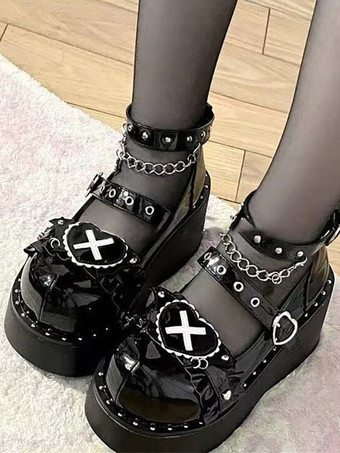ゴシックロリータシューズ プラットフォーム ブラックチェーン PUレザー ロリータパンプス