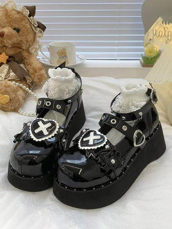 ブラック ゴシックロリータシューズ プラットフォーム ブラックチェーン PUレザー ロリータパンプス