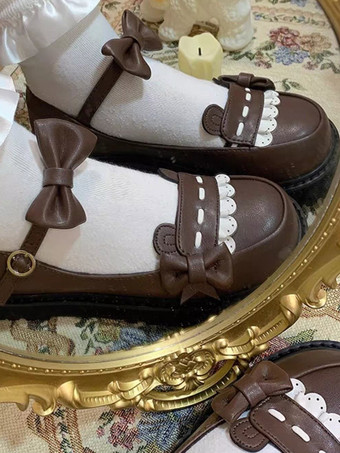 ゴシックロリータシューズ プラットフォーム ブラックリボン PUレザー フラットロリータパンプス
