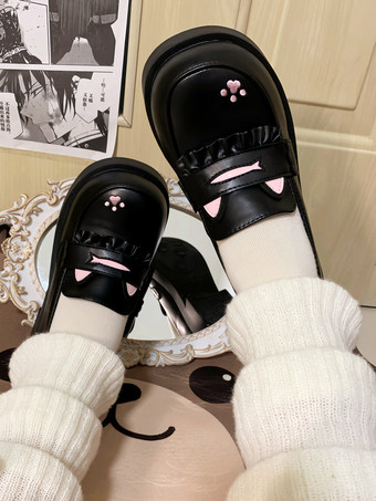 スウィートロリータ ローファーシューズ 猫柄 ブラック ラウンドトゥ PUレザー チャンキーヒール ロリータシューズ ラブリー