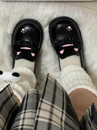 スウィートロリータ ローファーシューズ 猫柄 ブラック ラウンドトゥ PUレザー チャンキーヒール ロリータシューズ ラブリー