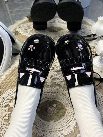 スウィートロリータ ローファーシューズ 猫柄 ブラック ラウンドトゥ PUレザー チャンキーヒール ロリータシューズ ラブリー