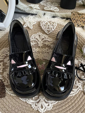 ブラック スウィートロリータ ローファーシューズ 猫柄 ブラック ラウンドトゥ PUレザー チャンキーヒール ロリータシューズ ラブリー