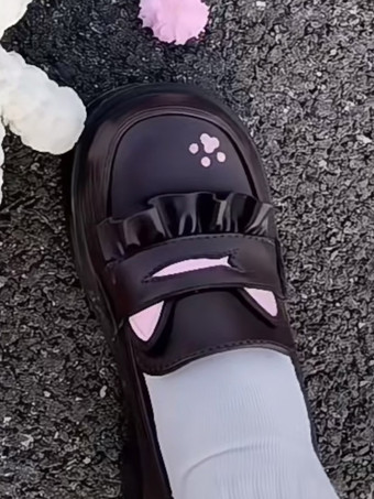 スウィートロリータ ローファーシューズ 猫柄 ブラック ラウンドトゥ PUレザー チャンキーヒール ロリータシューズ ラブリー