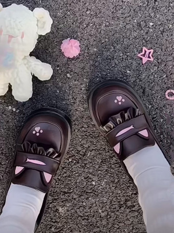 スウィートロリータ ローファーシューズ 猫柄 ブラック ラウンドトゥ PUレザー チャンキーヒール ロリータシューズ ラブリー