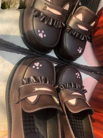 スウィートロリータ ローファーシューズ 猫柄 ブラック ラウンドトゥ PUレザー チャンキーヒール ロリータシューズ ラブリー