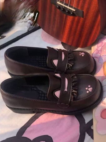 スウィートロリータ ローファーシューズ 猫柄 ブラック ラウンドトゥ PUレザー チャンキーヒール ロリータシューズ ラブリー