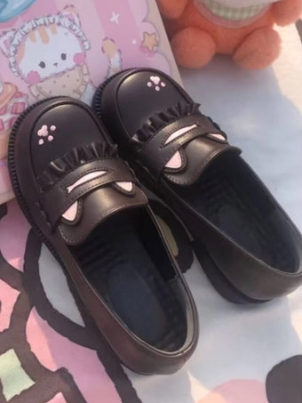 スウィートロリータ ローファーシューズ 猫柄 ブラック ラウンドトゥ PUレザー チャンキーヒール ロリータシューズ ラブリー