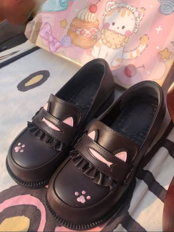 ブラウンスウィートロリータ ローファーシューズ 猫柄 ブラック ラウンドトゥ PUレザー チャンキーヒール ロリータシューズ ラブリー