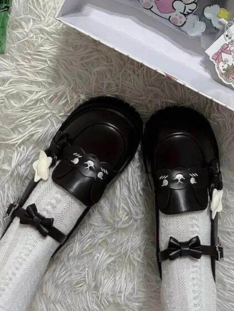 スウィートロリータシューズ ブラックスタープリントリボン ラウンドトゥ PUレザー フラットロリータシューズ 高品質