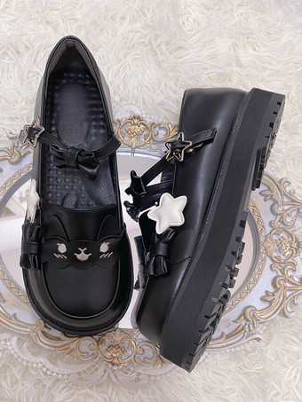 スウィートロリータシューズ ブラックスタープリントリボン ラウンドトゥ PUレザー フラットロリータシューズ 高品質