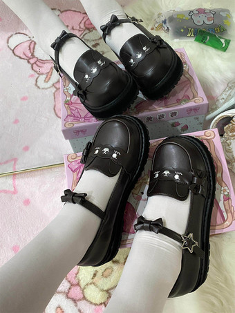 スウィートロリータシューズ ブラックスタープリントリボン ラウンドトゥ PUレザー フラットロリータシューズ 高品質