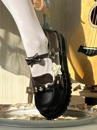 ブラック スウィートロリータシューズ ブラックスタープリントリボン ラウンドトゥ PUレザー フラットロリータシューズ 高品質