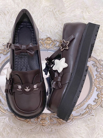 スウィートロリータシューズ ブラックスタープリントリボン ラウンドトゥ PUレザー フラットロリータシューズ 高品質