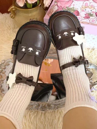 スウィートロリータシューズ ブラックスタープリントリボン ラウンドトゥ PUレザー フラットロリータシューズ 高品質