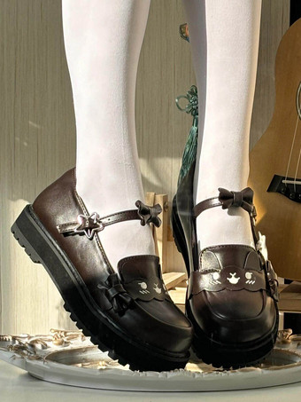 スウィートロリータシューズ ブラックスタープリントリボン ラウンドトゥ PUレザー フラットロリータシューズ 高品質