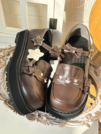 スウィートロリータシューズ ブラックスタープリントリボン ラウンドトゥ PUレザー フラットロリータシューズ 高品質