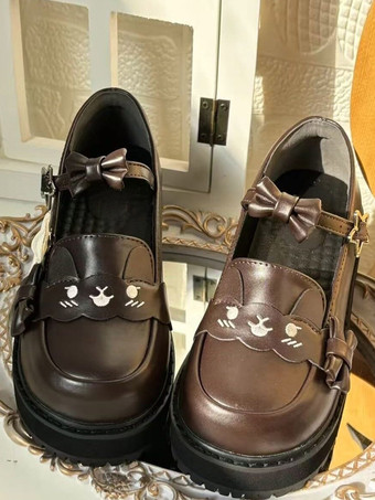 スウィートロリータシューズ ブラックスタープリントリボン ラウンドトゥ PUレザー フラットロリータシューズ 高品質