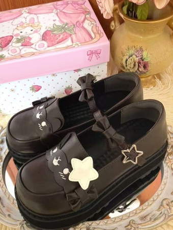 ブラウンスウィートロリータシューズ ブラックスタープリントリボン ラウンドトゥ PUレザー フラットロリータシューズ 高品質