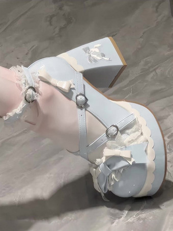 スウィートロリータシューズ ライトスカイブルー リボン ラウンドトゥ PUレザー チャンキーヒール ロリータシューズ
