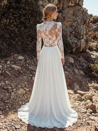 アイボリー ボヘミアン ウェディングドレス シフォン Aライン トレーン付き ウェディングドレス 機能ボタン 長袖 Vネック