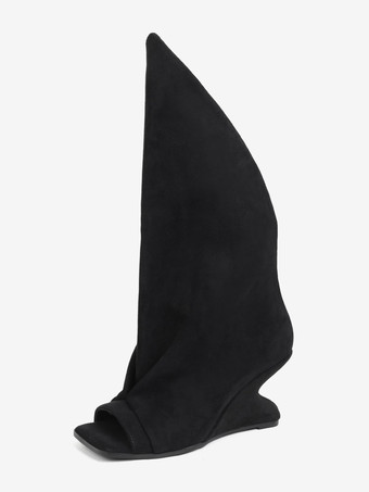 黒のアンクルブーツ、オープントゥ、ウェッジヒールデザイン