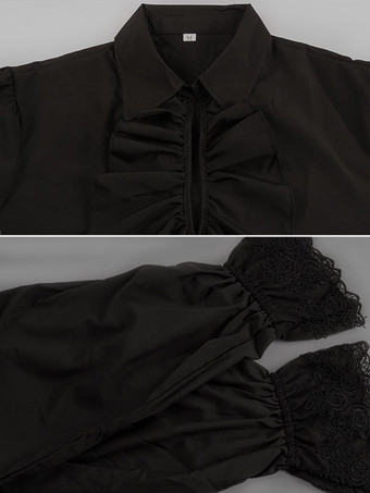 黒のレトロなスチームパンクシャツ、フリルがあしらわれた長袖のヴィンテージブラウス