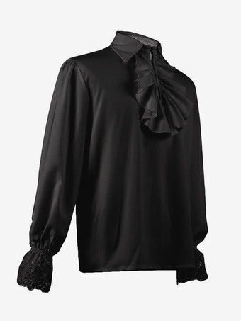 黒のレトロなスチームパンクシャツ、フリルがあしらわれた長袖のヴィンテージブラウス