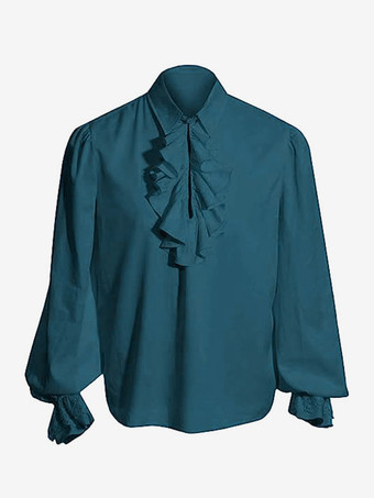 ブルー 黒のレトロなスチームパンクシャツ、フリルがあしらわれた長袖のヴィンテージブラウス