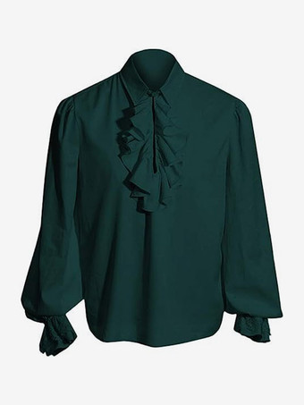 グリーン 黒のレトロなスチームパンクシャツ、フリルがあしらわれた長袖のヴィンテージブラウス