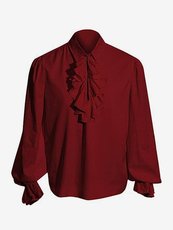 レッド 黒のレトロなスチームパンクシャツ、フリルがあしらわれた長袖のヴィンテージブラウス