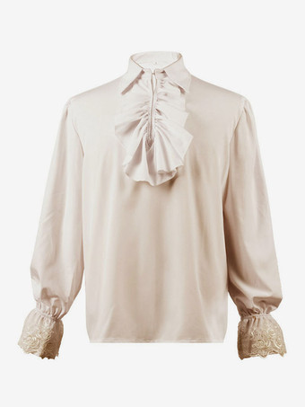 アイボリー 黒のレトロなスチームパンクシャツ、フリルがあしらわれた長袖のヴィンテージブラウス