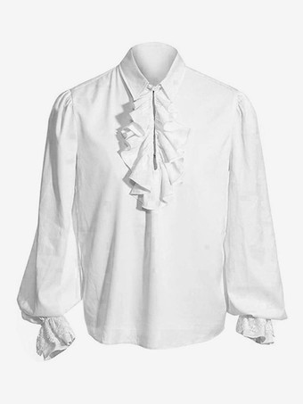 ホワイト 黒のレトロなスチームパンクシャツ、フリルがあしらわれた長袖のヴィンテージブラウス