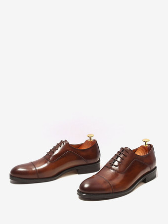 ブラウン ブラックキャップトゥオックスフォードシューズ メンズ本革レースアップドレスシューズ