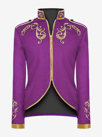 パープル パープル メンズ レトロ スチームパンク コート ハイカラー 刺繍入り フロントジップ 長袖 ヴィンテージ コート