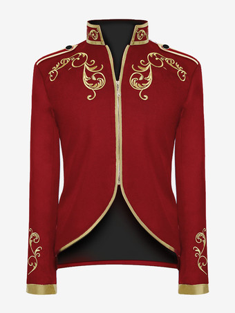 レッド パープル メンズ レトロ スチームパンク コート ハイカラー 刺繍入り フロントジップ 長袖 ヴィンテージ コート