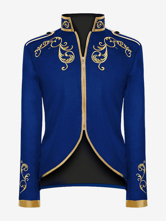 ブルー パープル メンズ レトロ スチームパンク コート ハイカラー 刺繍入り フロントジップ 長袖 ヴィンテージ コート