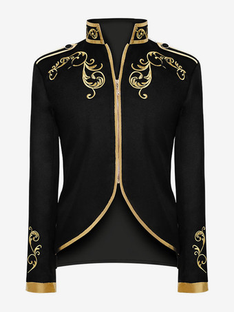 ブラック パープル メンズ レトロ スチームパンク コート ハイカラー 刺繍入り フロントジップ 長袖 ヴィンテージ コート