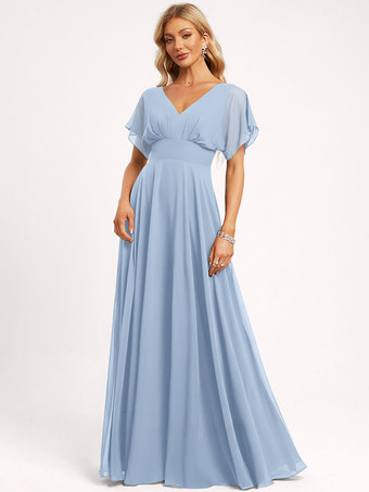 スカイブルー ブライズメイドドレス ボールガウン フロアレングス ジッパー シフォン ウェディング パーティードレス