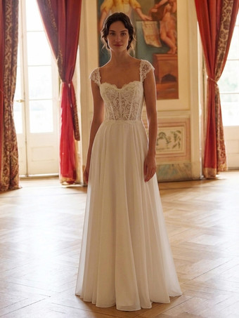 アイボリー市民結婚式用ドレス Aライン ハートネック ノースリーブ レース ボヘミアン風 ブライダルドレス