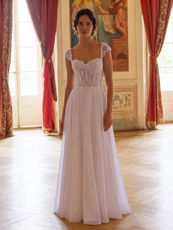 ホワイト市民結婚式用ドレス Aライン ハートネック ノースリーブ レース ボヘミアン風 ブライダルドレス