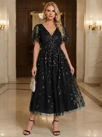 ブラックイブニングドレス、ショート丈、Vネック、ティーレングス、半袖、ジッパー、スパンコール、スパンコール装飾、社交界向けページェントドレス