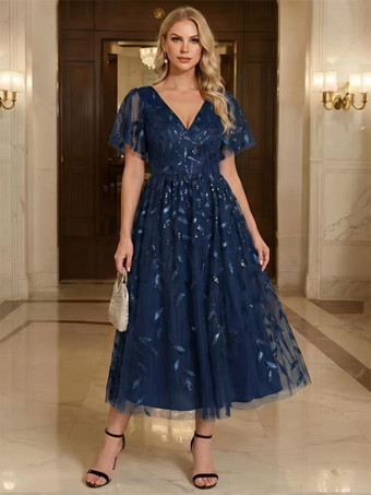 ダークネイビーイブニングドレス、ショート丈、Vネック、ティーレングス、半袖、ジッパー、スパンコール、スパンコール装飾、社交界向けページェントドレス