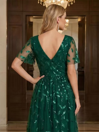 イブニングドレス、ショート丈、Vネック、ティーレングス、半袖、ジッパー、スパンコール、スパンコール装飾、社交界向けページェントドレス