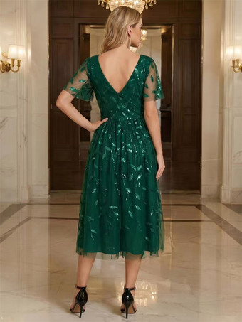 イブニングドレス、ショート丈、Vネック、ティーレングス、半袖、ジッパー、スパンコール、スパンコール装飾、社交界向けページェントドレス